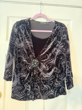Notations Black Velvet Paisley Wrap Top with Decorative Brooch